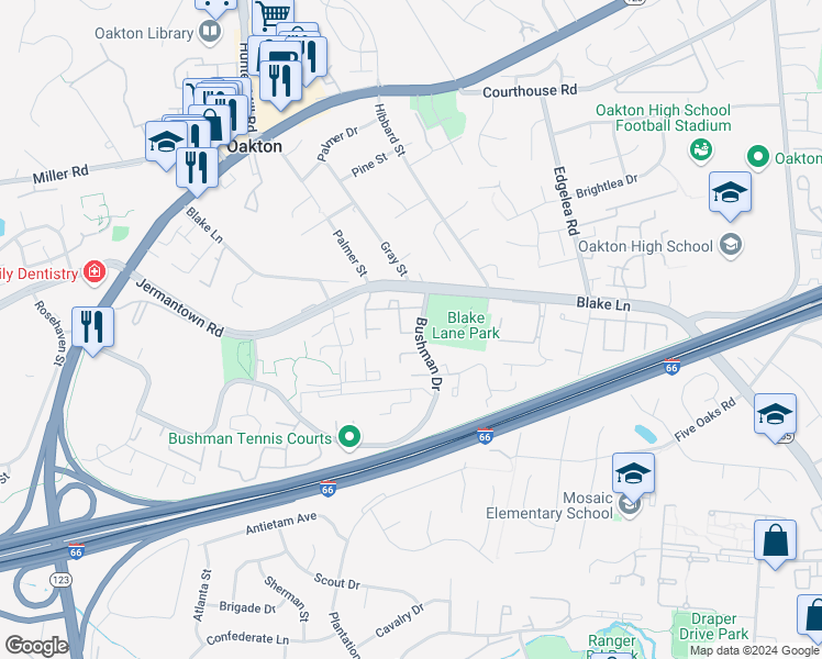 map of restaurants, bars, coffee shops, grocery stores, and more near 3162 Bradford Wood Court in Oakton