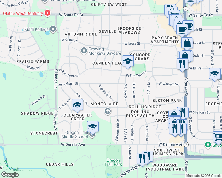 map of restaurants, bars, coffee shops, grocery stores, and more near 1628 West Brittany Drive in Olathe