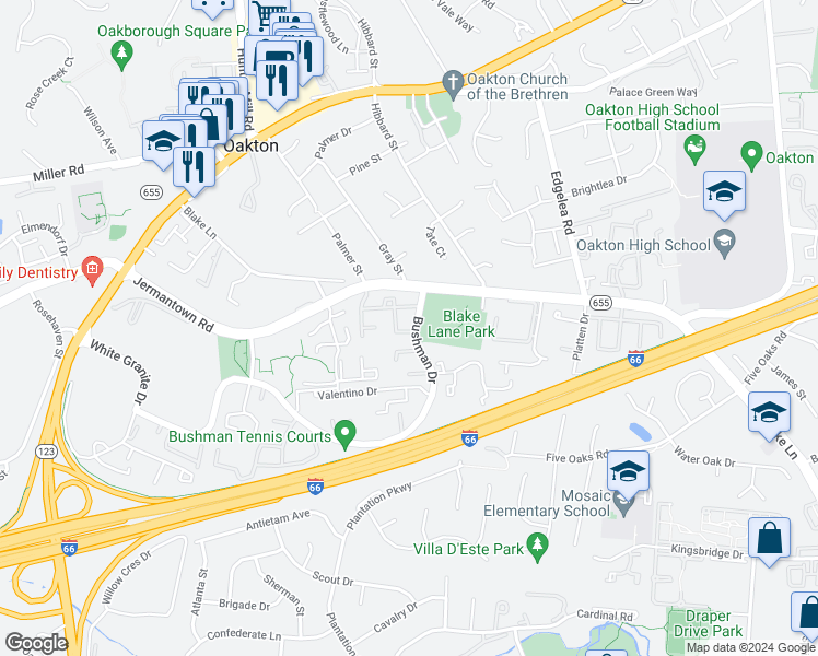 map of restaurants, bars, coffee shops, grocery stores, and more near 3164 Bradford Wood Court in Oakton