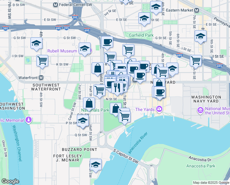 map of restaurants, bars, coffee shops, grocery stores, and more near 101 Independence Avenue Southeast in Washington