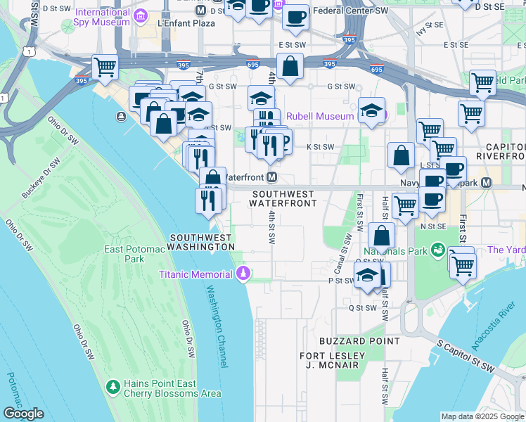 map of restaurants, bars, coffee shops, grocery stores, and more near 1245 4th Street Southwest in Washington