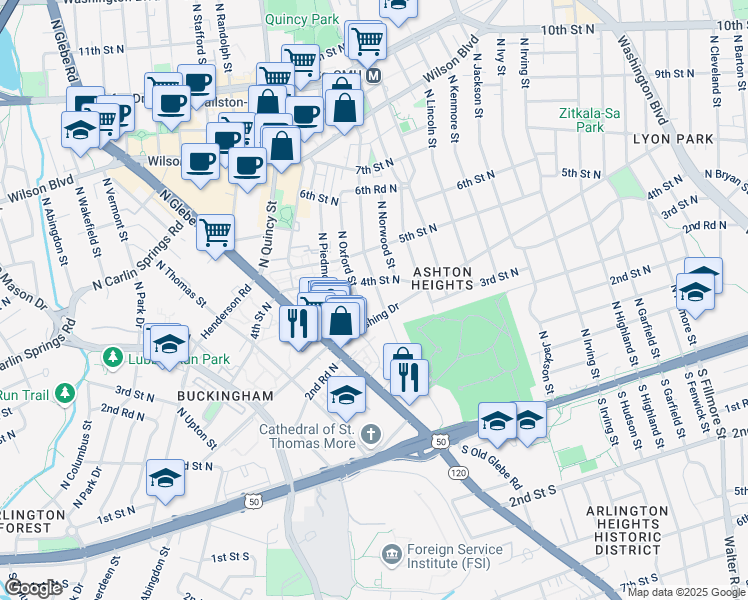 map of restaurants, bars, coffee shops, grocery stores, and more near 322 North Oakland Street in Arlington