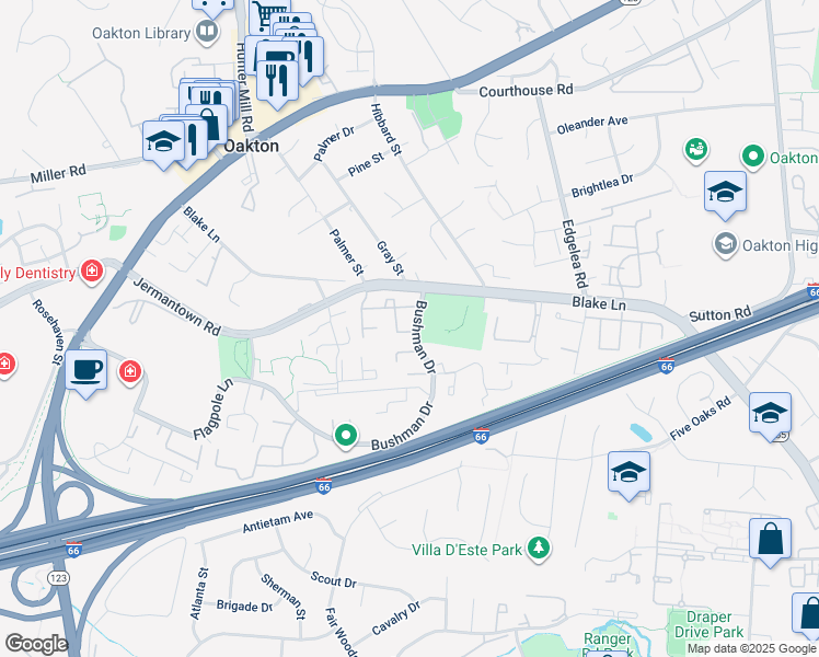 map of restaurants, bars, coffee shops, grocery stores, and more near 3164 Bradford Wood Court in Oakton