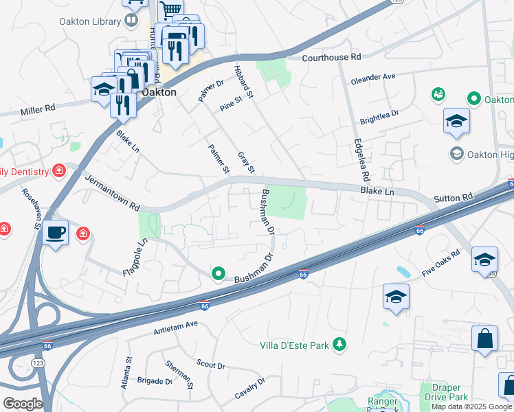map of restaurants, bars, coffee shops, grocery stores, and more near 3162 Bradford Wood Court in Oakton