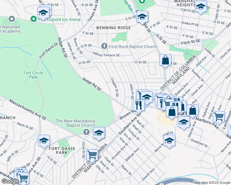 map of restaurants, bars, coffee shops, grocery stores, and more near 1227 Chaplin Street Southeast in Washington