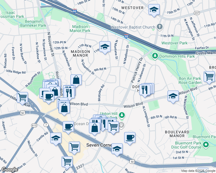 map of restaurants, bars, coffee shops, grocery stores, and more near 889 North Manchester Street in Arlington