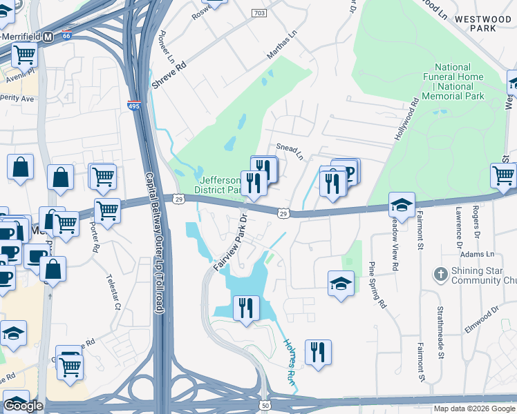 map of restaurants, bars, coffee shops, grocery stores, and more near 7804 Lee Highway in Falls Church
