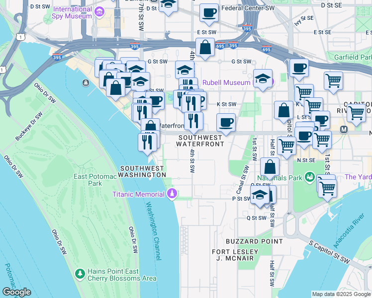 map of restaurants, bars, coffee shops, grocery stores, and more near 1245 4th Street Southwest in Washington