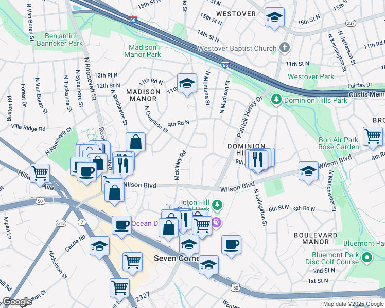 map of restaurants, bars, coffee shops, grocery stores, and more near 889 North Manchester Street in Arlington