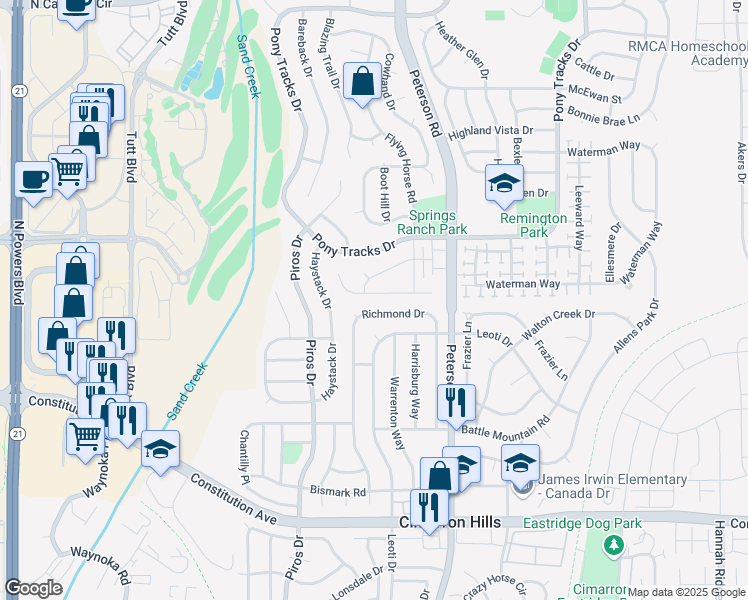map of restaurants, bars, coffee shops, grocery stores, and more near 6625 Turkey Tracks Road in Colorado Springs
