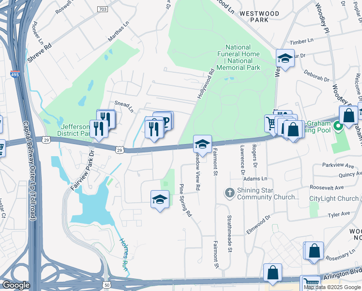 map of restaurants, bars, coffee shops, grocery stores, and more near 7570 Lee Highway in Falls Church