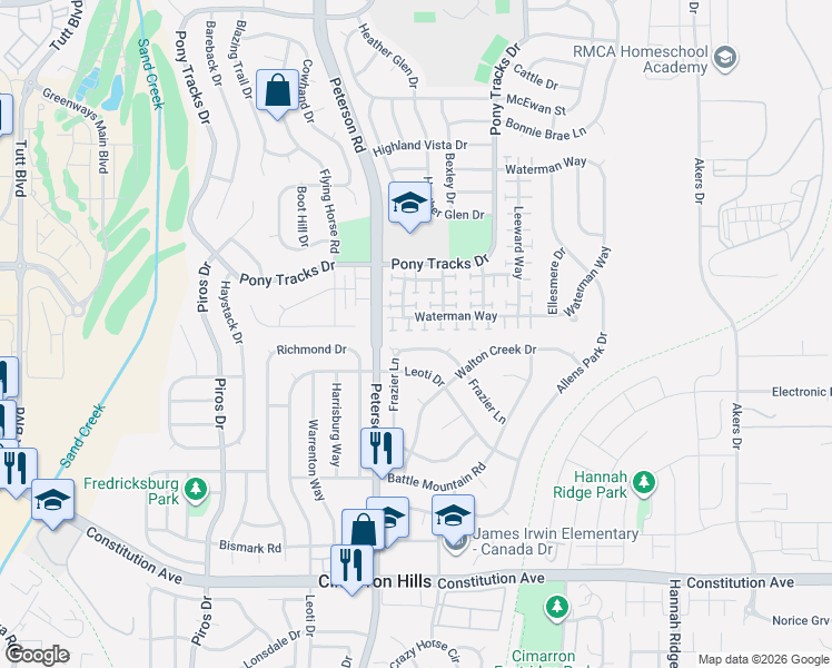 map of restaurants, bars, coffee shops, grocery stores, and more near 3035 Dockside View in Colorado Springs