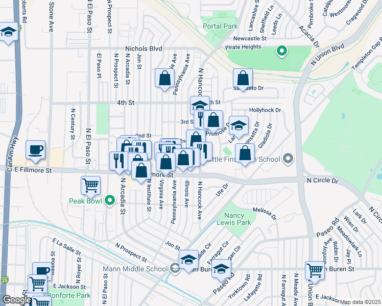 map of restaurants, bars, coffee shops, grocery stores, and more near 3022 North Hancock Avenue in Colorado Springs