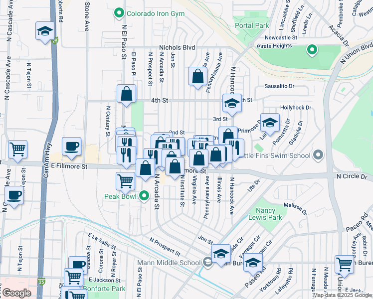 map of restaurants, bars, coffee shops, grocery stores, and more near 917 Carlisle Street in Colorado Springs