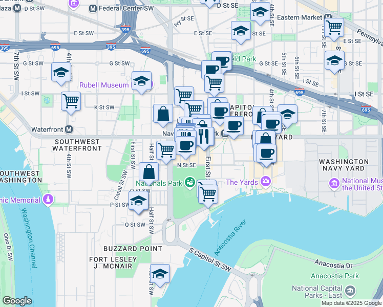map of restaurants, bars, coffee shops, grocery stores, and more near 101 Independence Avenue Southeast in Washington