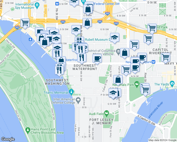 map of restaurants, bars, coffee shops, grocery stores, and more near 101 Independence Avenue Southeast in Washington