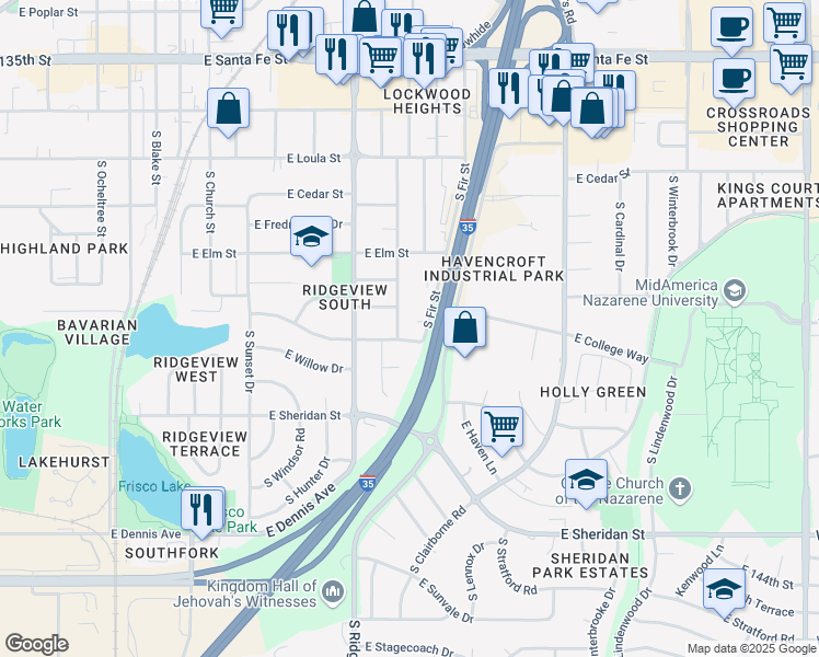 map of restaurants, bars, coffee shops, grocery stores, and more near 1400 East Ridgeway Drive in Olathe
