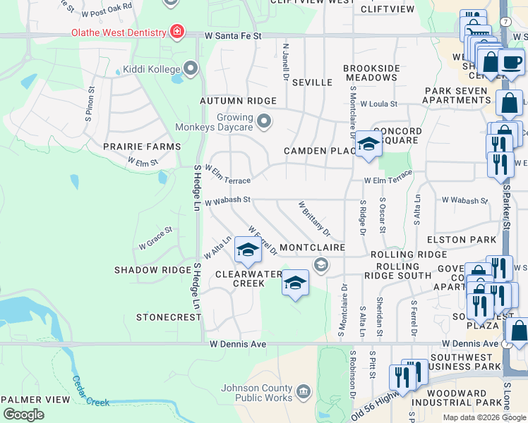 map of restaurants, bars, coffee shops, grocery stores, and more near 1852 West Chambery Drive in Olathe