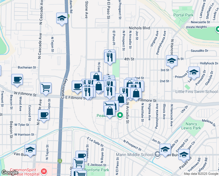 map of restaurants, bars, coffee shops, grocery stores, and more near 3017 North El Paso Street in Colorado Springs
