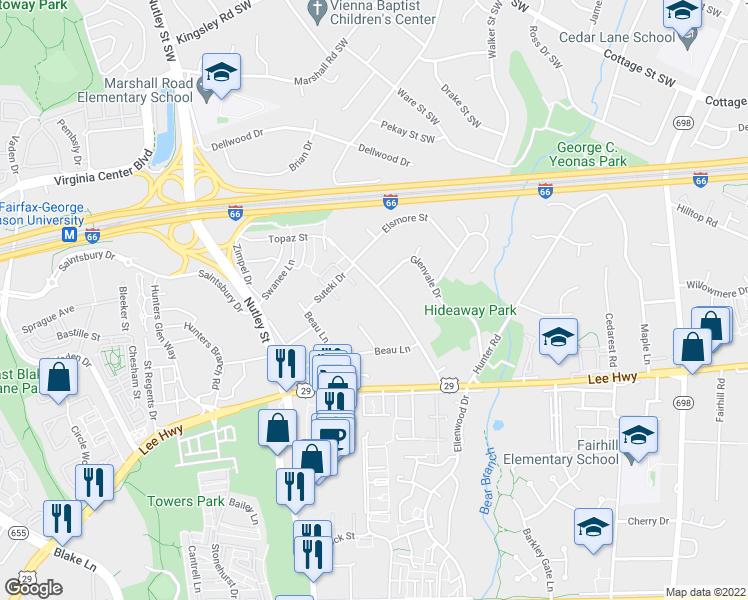 map of restaurants, bars, coffee shops, grocery stores, and more near 2862 Hideaway Road in Fairfax