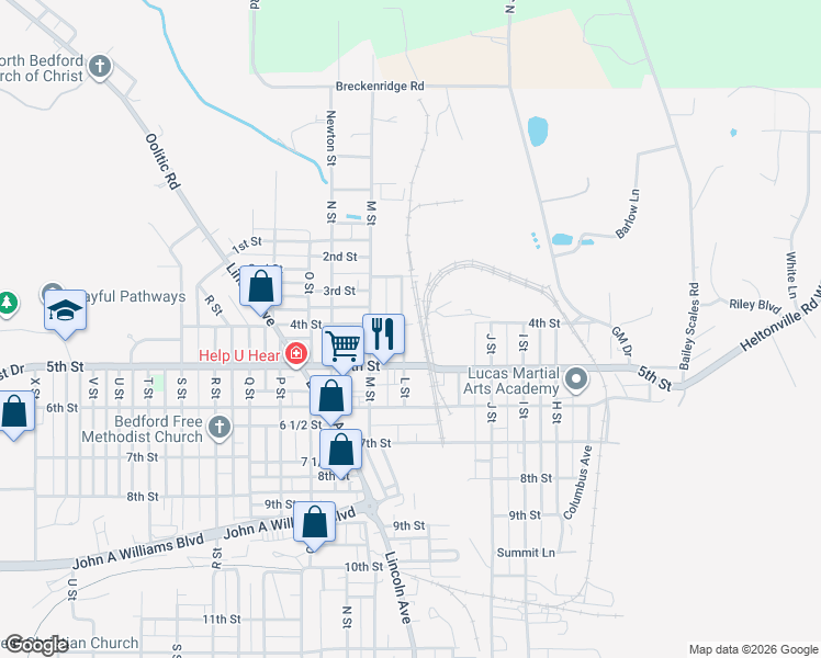 map of restaurants, bars, coffee shops, grocery stores, and more near 402 L Street in Bedford