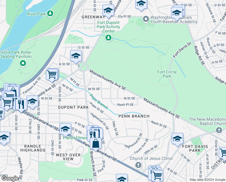 map of restaurants, bars, coffee shops, grocery stores, and more near 1202 34th Street Southeast in Washington