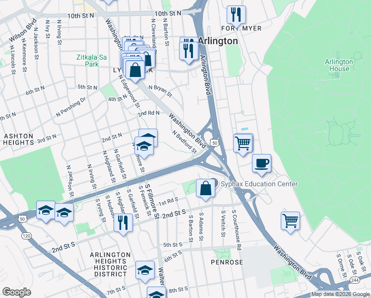 map of restaurants, bars, coffee shops, grocery stores, and more near 44 North Bedford Street in Arlington