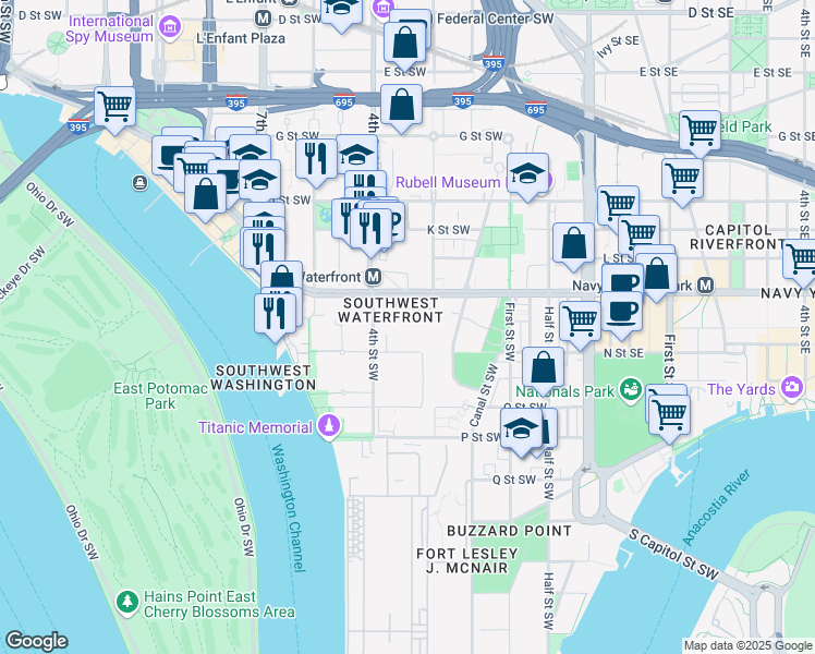 map of restaurants, bars, coffee shops, grocery stores, and more near 240 M Street Southwest in Washington