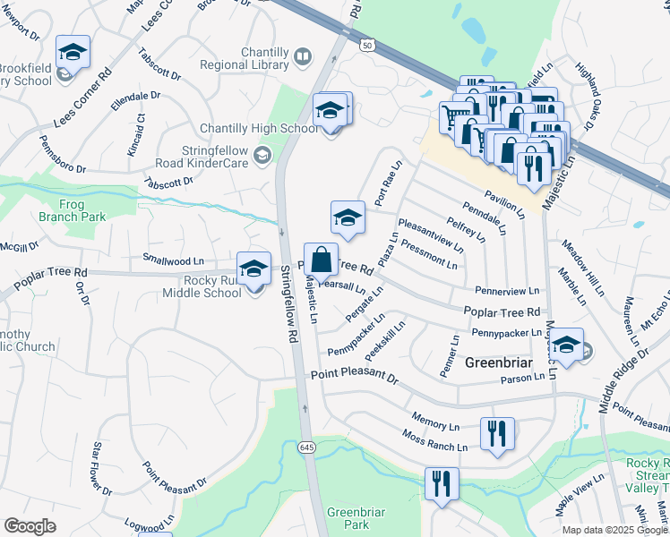map of restaurants, bars, coffee shops, grocery stores, and more near 13303 Poplar Tree Road in Fairfax