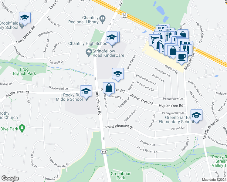 map of restaurants, bars, coffee shops, grocery stores, and more near 13303 Poplar Tree Road in Fairfax