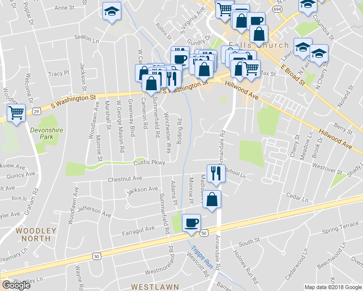 map of restaurants, bars, coffee shops, grocery stores, and more near 2825 Bolling Road in Falls Church