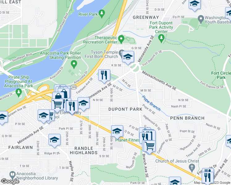 map of restaurants, bars, coffee shops, grocery stores, and more near 3008 Nelson Place Southeast in Washington