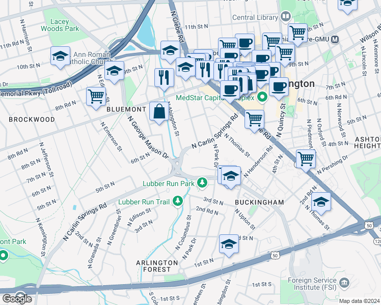 map of restaurants, bars, coffee shops, grocery stores, and more near 4610 North Carlin Springs Road in Arlington