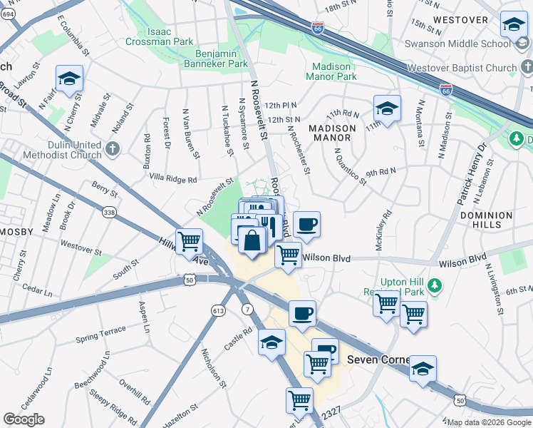 map of restaurants, bars, coffee shops, grocery stores, and more near 505 Roosevelt Boulevard in Falls Church