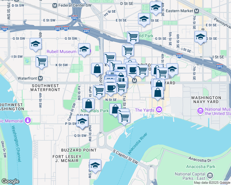 map of restaurants, bars, coffee shops, grocery stores, and more near 101 Independence Avenue Southeast in Washington