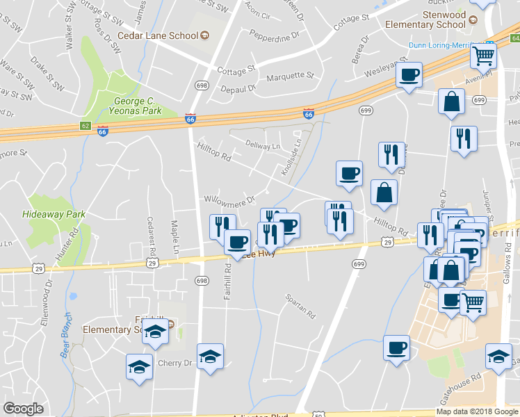 map of restaurants, bars, coffee shops, grocery stores, and more near 2818 Balliett Court in Vienna