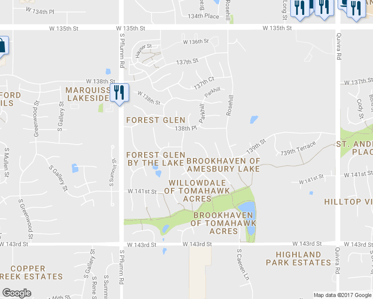 map of restaurants, bars, coffee shops, grocery stores, and more near 13901 Bradshaw Street in Overland Park