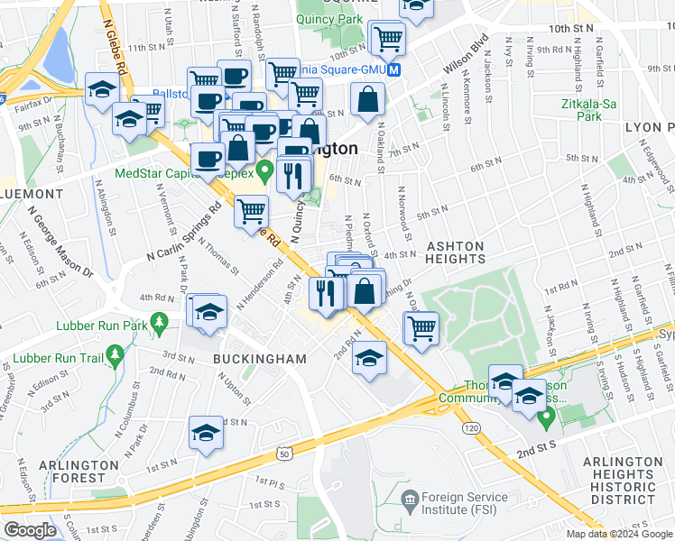 map of restaurants, bars, coffee shops, grocery stores, and more near 3914 4th Street North in Arlington