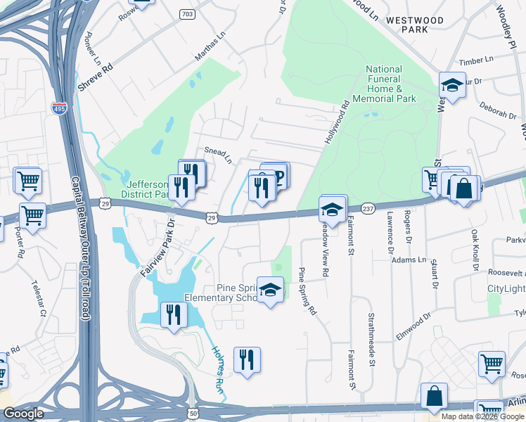 map of restaurants, bars, coffee shops, grocery stores, and more near 7648 Lee Highway in Falls Church