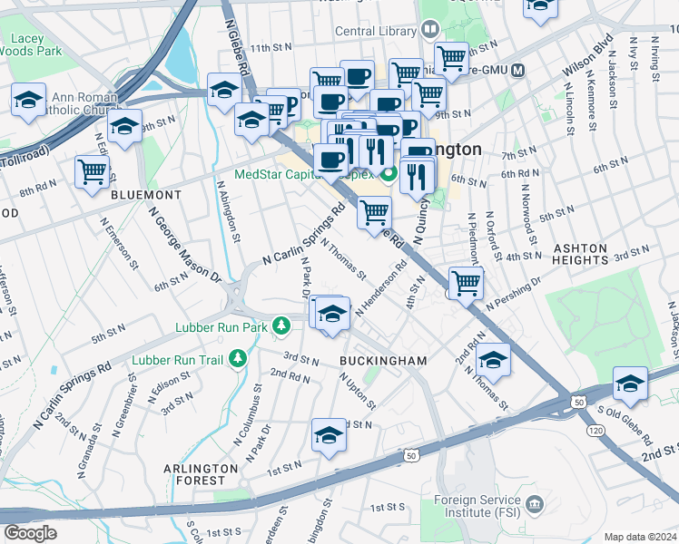 map of restaurants, bars, coffee shops, grocery stores, and more near North Thomas Street in Arlington