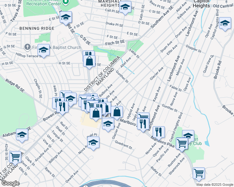 map of restaurants, bars, coffee shops, grocery stores, and more near 1125 Drum Avenue in Capitol Heights