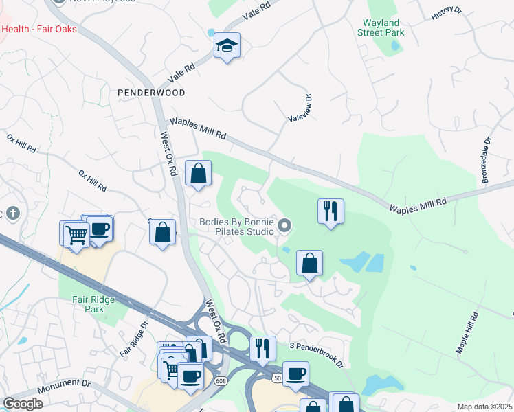 map of restaurants, bars, coffee shops, grocery stores, and more near 12005 Settle Court in Fairfax