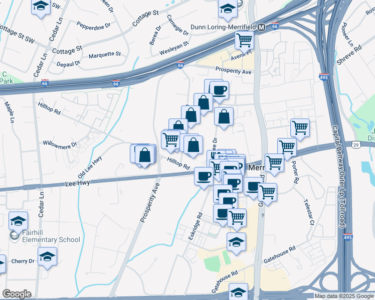 map of restaurants, bars, coffee shops, grocery stores, and more near 2829 Dorr Avenue in Fairfax