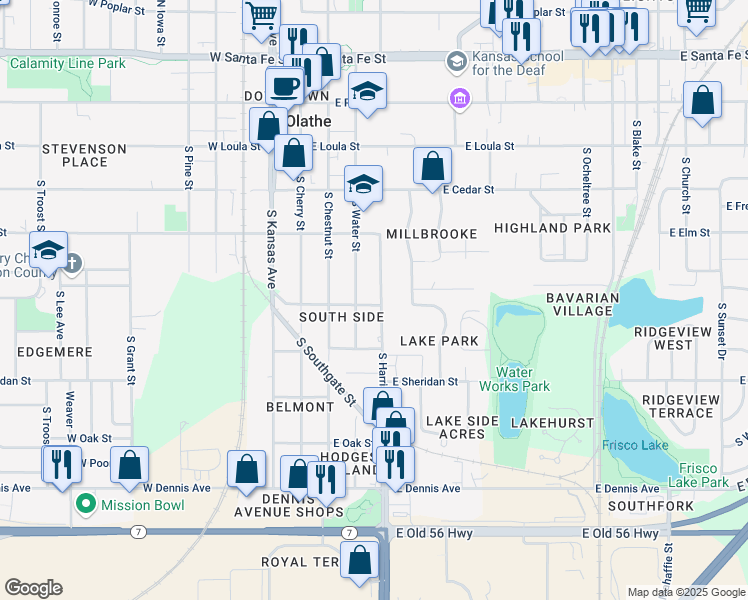 map of restaurants, bars, coffee shops, grocery stores, and more near 312 East Grace Street in Olathe
