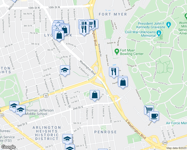 map of restaurants, bars, coffee shops, grocery stores, and more near 0 Arlington Boulevard in Arlington