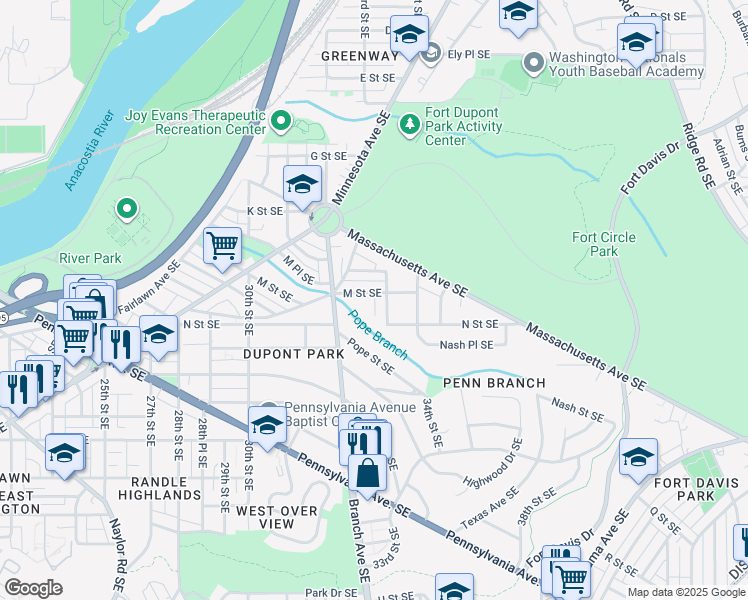 map of restaurants, bars, coffee shops, grocery stores, and more near 3235 M Street Southeast in Washington