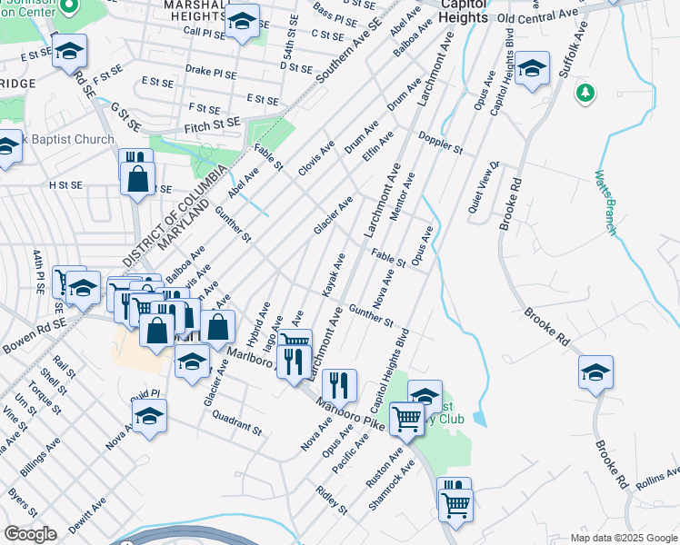 map of restaurants, bars, coffee shops, grocery stores, and more near 1002 Kayak Avenue in Capitol Heights