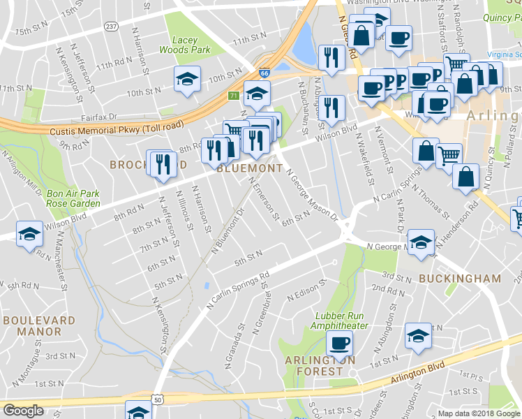 map of restaurants, bars, coffee shops, grocery stores, and more near 705 North Frederick Street in Arlington