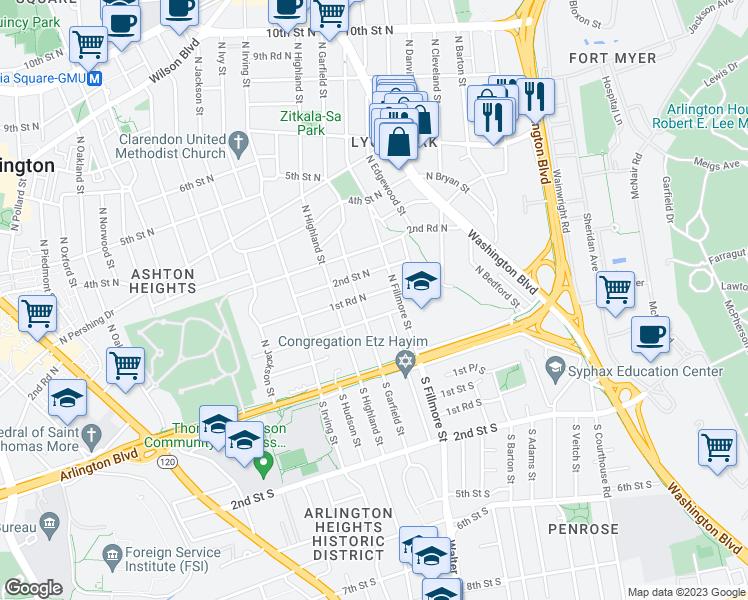 map of restaurants, bars, coffee shops, grocery stores, and more near 2918 1st Road North in Arlington