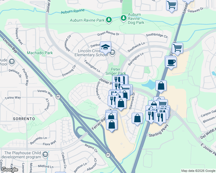 map of restaurants, bars, coffee shops, grocery stores, and more near 3020 Sierra View Circle in Lincoln